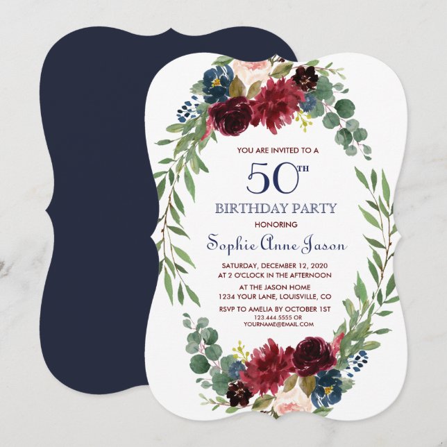 Invitación Merlot Navy Blue Floral Bloom 50 cumpleaños (Anverso / Reverso)