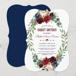 Invitación Merlot Navy Blue Floral Bloom Sweet 16