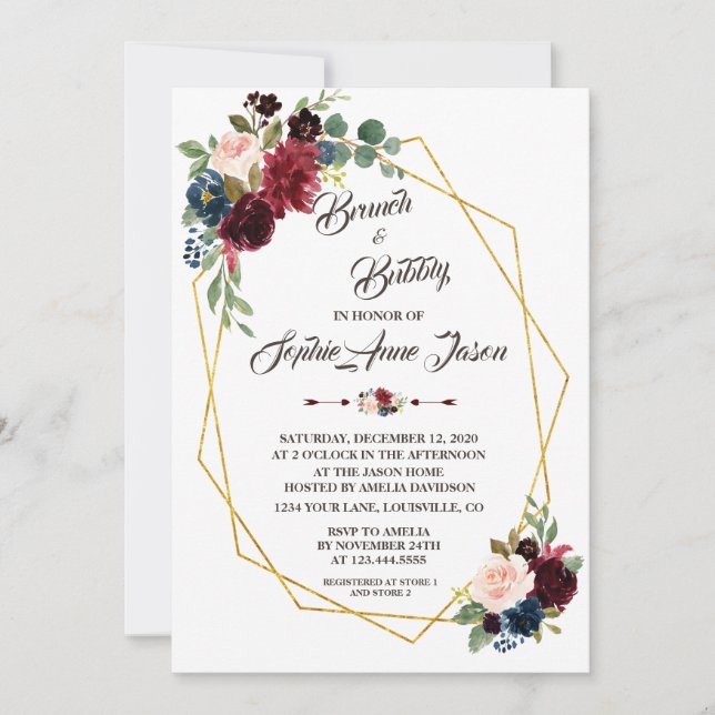 Invitación Merlot Navy Blue Floral Gold Frame Bridal Shower (Anverso)