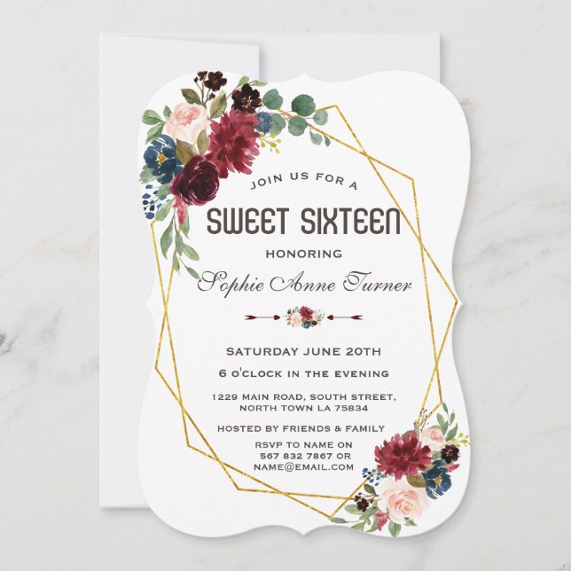 Invitación Merlot Navy Blue Floral Gold Frame Sweet 16 (Anverso)