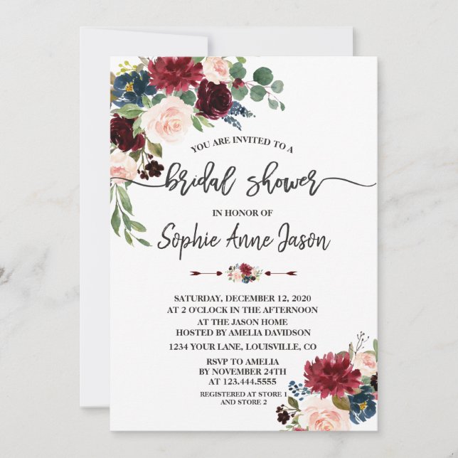Invitación Merlot Navy Blue Floral HandWriting Bridal Shower (Anverso)