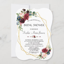 Invitación Merlot Navy Floral Azul Dorado Diamante Ducha de n