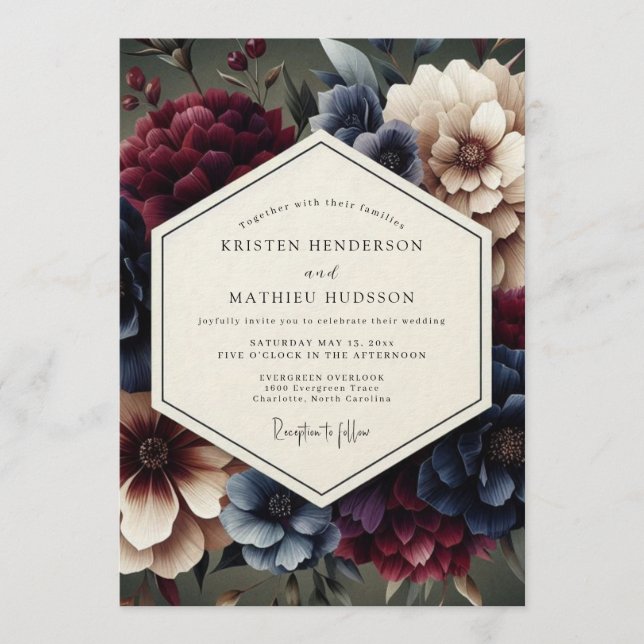 Invitación Merlot Rembrandt Bloom Wedding (Anverso)