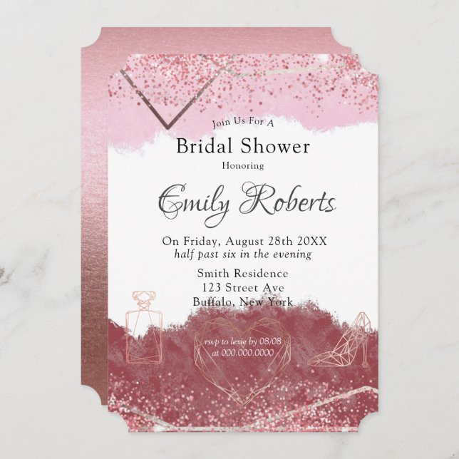Invitación Merlot y Rubor Pink Watercolor Bridal Shower (Anverso / Reverso)