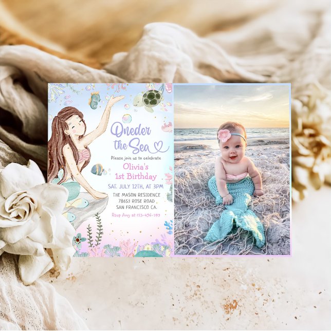 Invitación Mermaid 1st Birthday Oneder The Sea Party Photo (Subido por el creador)