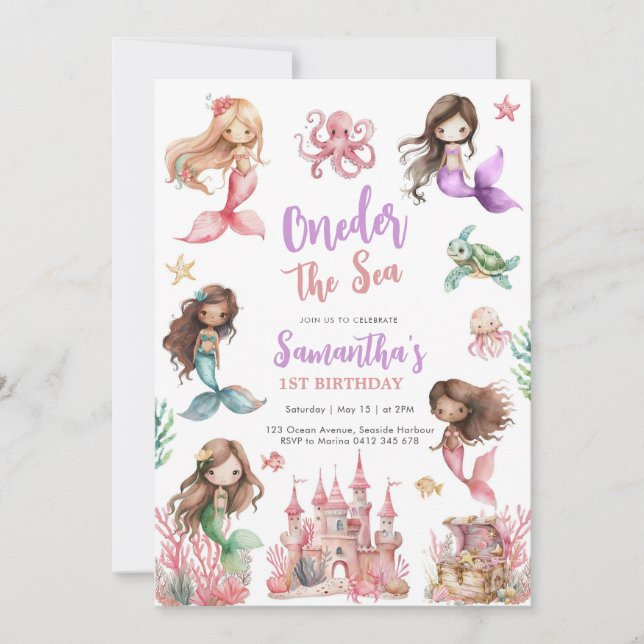 Invitación Mermaid 1st Birthday Party ONEder The Sea Mermaid  (Anverso)