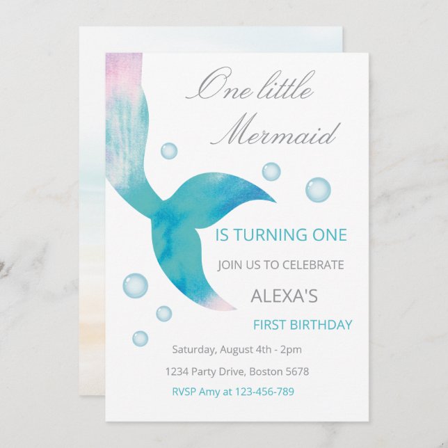 Invitación Mermaid 1st Birthday Under The Sea Mermaid Party  (Anverso / Reverso)