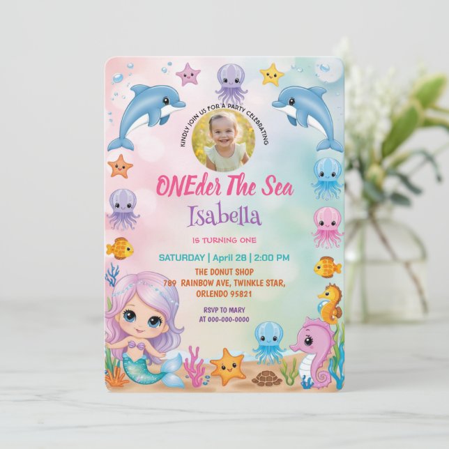 Invitación mermaid 1st Photo Under the sea cumpleaños (Anverso de pie)
