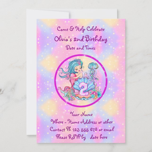 Invitación Mermaid 2º cumpleaños Cambio Editar Texto Personal (Anverso)