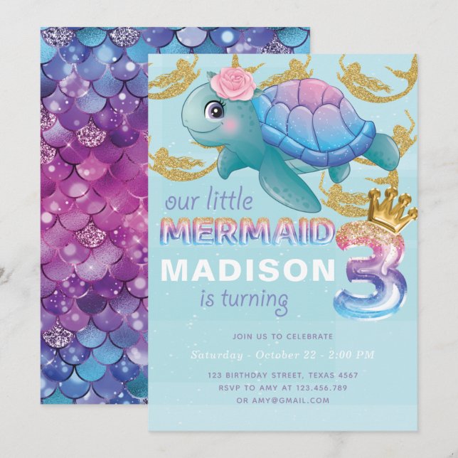 Invitación Mermaid 3.ᵉʳ cumpleaños Purpurina de oro azul rosa (Anverso / Reverso)