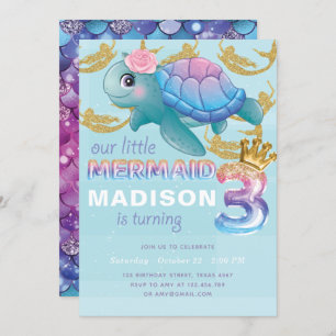 Invitación Mermaid 3.ᵉʳ cumpleaños Purpurina de oro azul rosa