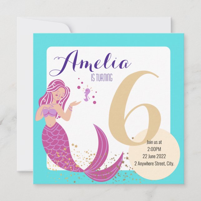 Invitación Mermaid Aqua Blue Purple Whimsical Birthday Kids (Anverso)