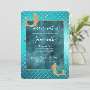 Invitación Mermaid Aqua Verde azulado Gold Sparkle Purpurina