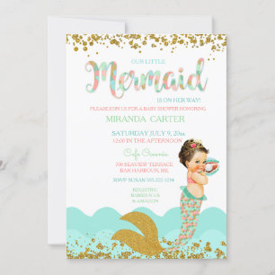 Invitación Mermaid Baby Girl Peach Coral Mint Gold