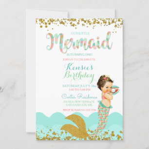 Invitación Mermaid Baby Girl Peach Coral Mint Gold