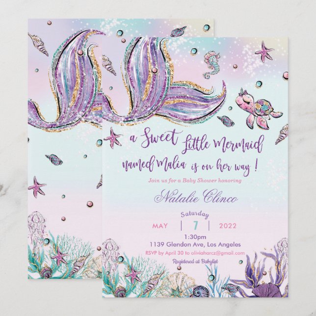 Invitación Mermaid Baby Shower Baby Girl (Anverso / Reverso)