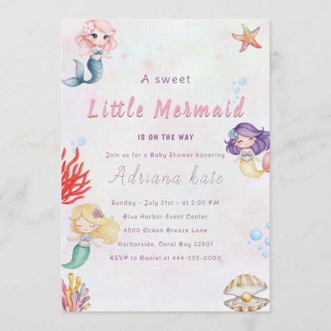 Invitación Mermaid Baby Shower Under the Sea Baby Girl Invita (Anverso)