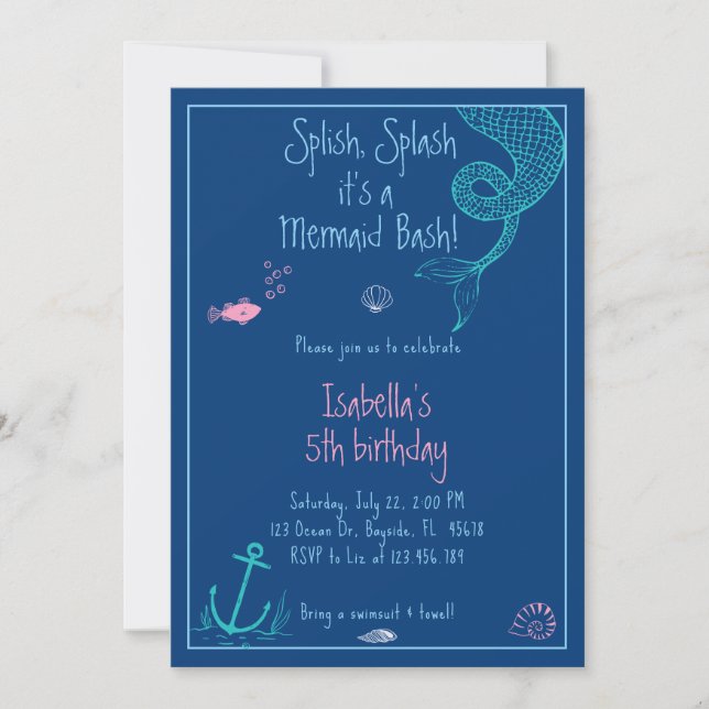 Invitación Mermaid Bash Splish Splash Pool Fiesta Cumpleaños (Anverso)