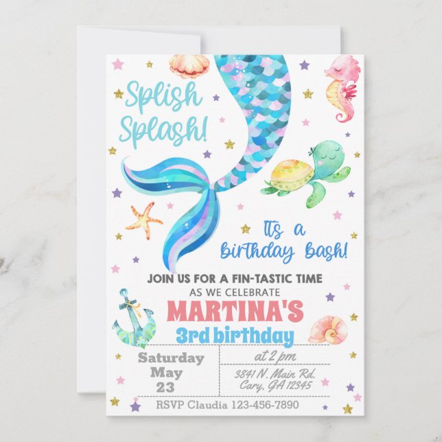Invitación Mermaid birthday invitation, sea turtle (Anverso)