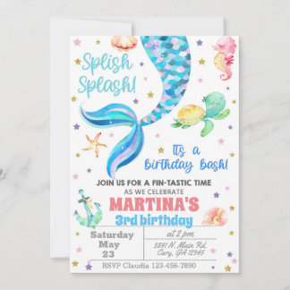 Invitación Mermaid birthday invitation, sea turtle