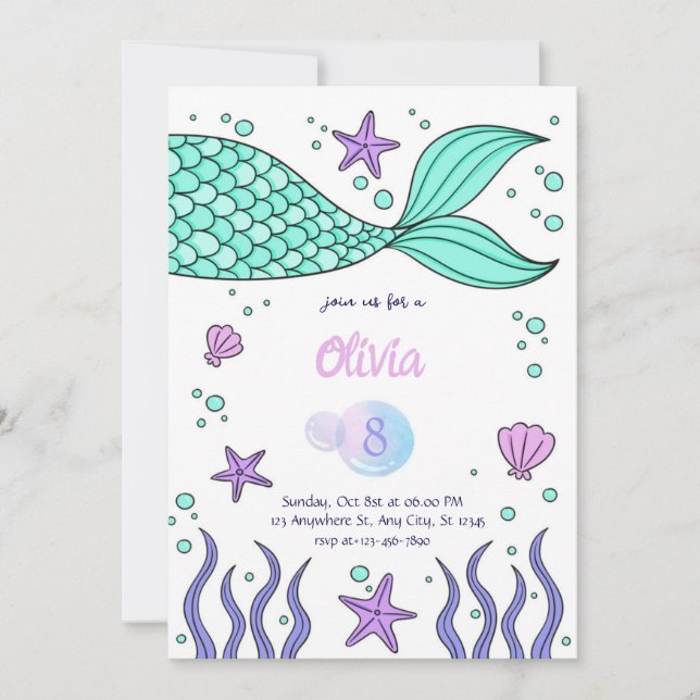 Invitación Mermaid Birthday invitation template tail invite (Anverso)