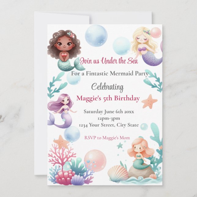Invitación Mermaid Birthday Party Invitation for Girls (Anverso)