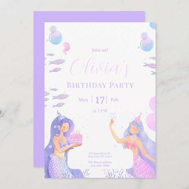 Invitación Mermaid Birthday Party, Under the Sea Mermaid (Anverso / Reverso)