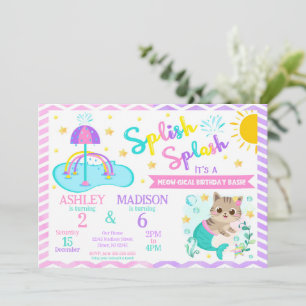 Invitación Mermaid Cat Splash Pad Cumpleaños Conjunta   Parqu