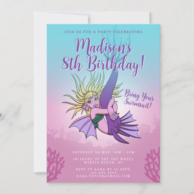Invitación Mermaid Cute Personalizado Chica 8 cumpleaños (Anverso)