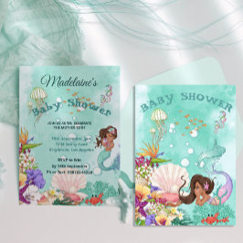 Invitación Mermaid Dark Hair Baby Shower Cute Green