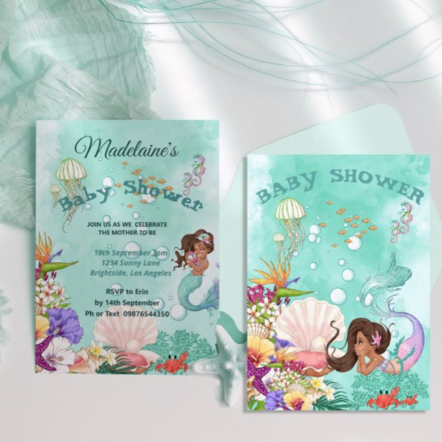 Invitación Mermaid Dark Hair Baby Shower Cute Green (Subido por el creador)