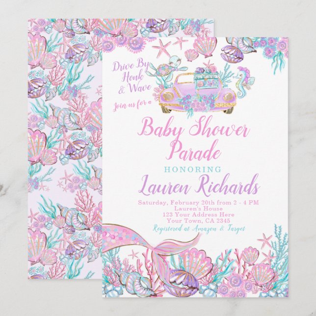 Invitación Mermaid Drive Por Baby Shower Parade (Anverso / Reverso)