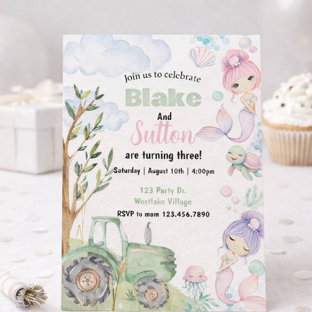 Invitación Mermaid Farm Birthday, Sibling Party, Double Birth (Subido por el creador)