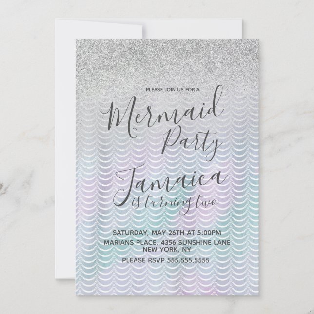 Invitación Mermaid Faux Purpurina Scales Birday Party (Anverso)