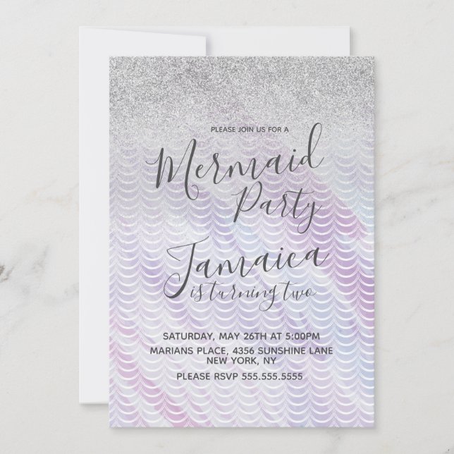 Invitación Mermaid Faux Purpurina Scales Purple Birday (Anverso)