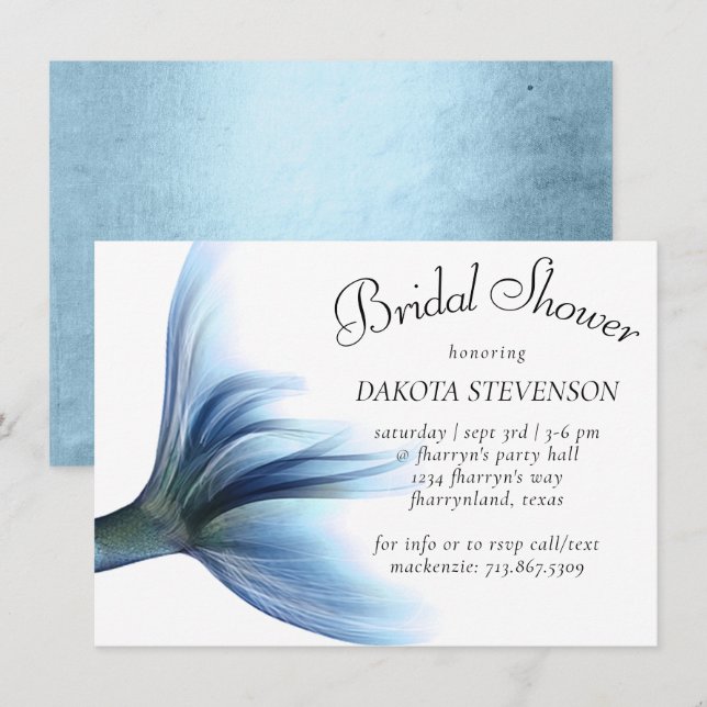 Invitación Mermaid Glam | Ducha De Hojas De Lustre Azul De Hi (Anverso / Reverso)