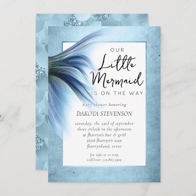 Invitación Mermaid Glam Tail | Ducha helada azul turbia (Anverso / Reverso)