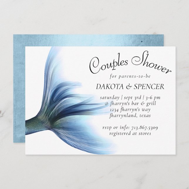 Invitación Mermaid Glam Tail | Ice Dusty Blue Couples Shower (Anverso / Reverso)