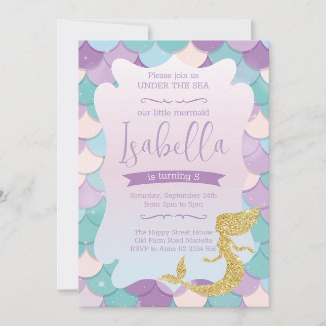 Invitación Mermaid Invitation for Birthday Party Gold Glitter (Anverso)