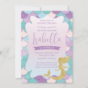 Invitación Mermaid Invitation for Birthday Party Gold Glitter