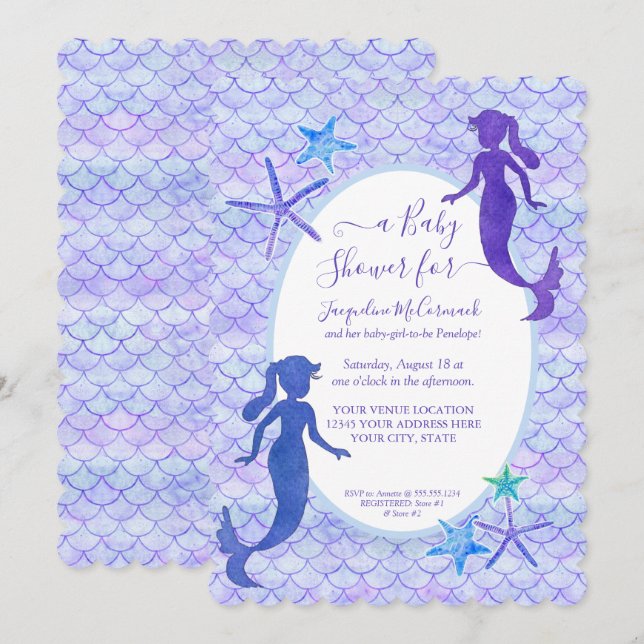 Invitación Mermaid Lavanda Púrpura Escavilla Niña Ducha (Anverso / Reverso)
