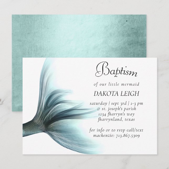 Invitación Mermaid Luxe | Bautismo de Sheen Verde con leche d (Anverso / Reverso)
