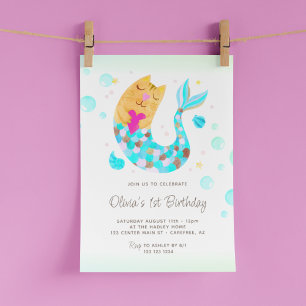 Invitación Mermaid MerCat Cute Watercolor Primer Cumpleaños