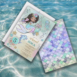 Invitación Mermaid Negra Editable Bajo El Mar Cumpleaños 5 