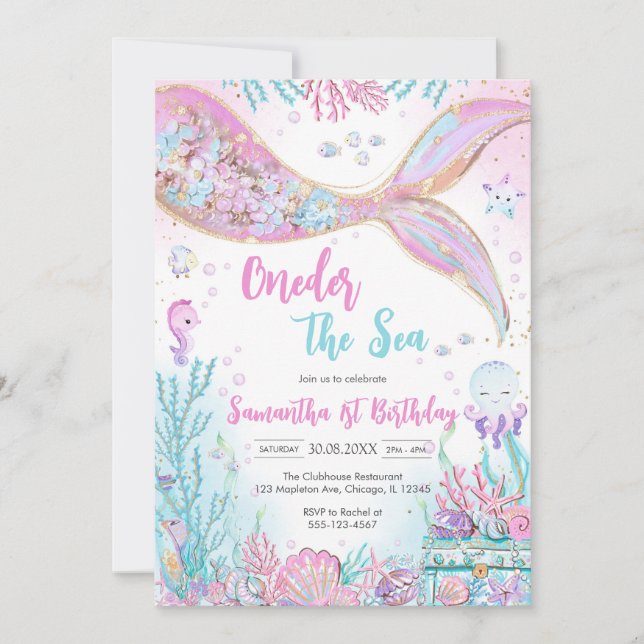 Invitación Mermaid Oneder the Sea 1st Birthday (Anverso)