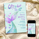 Invitación Mermaid Oneder the Sea 1st Birthday<br><div class="desc">Oneder the Sea girl's 1st birthday invitation with mermaid under the sea theme. The design features a mermaids tail and ocean bubbles in watercolor shades of purple mint green and turquoise. Easy to edit for a summer pool party and perfect for mermaid,  girly princess and under the sea themes.</div>