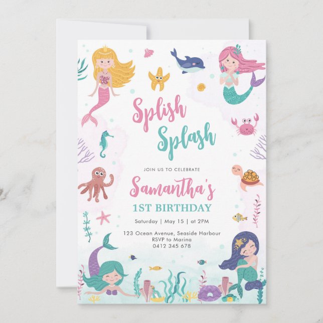 Invitación Mermaid Oneder The Sea 1st Birthday Invitation (Anverso)