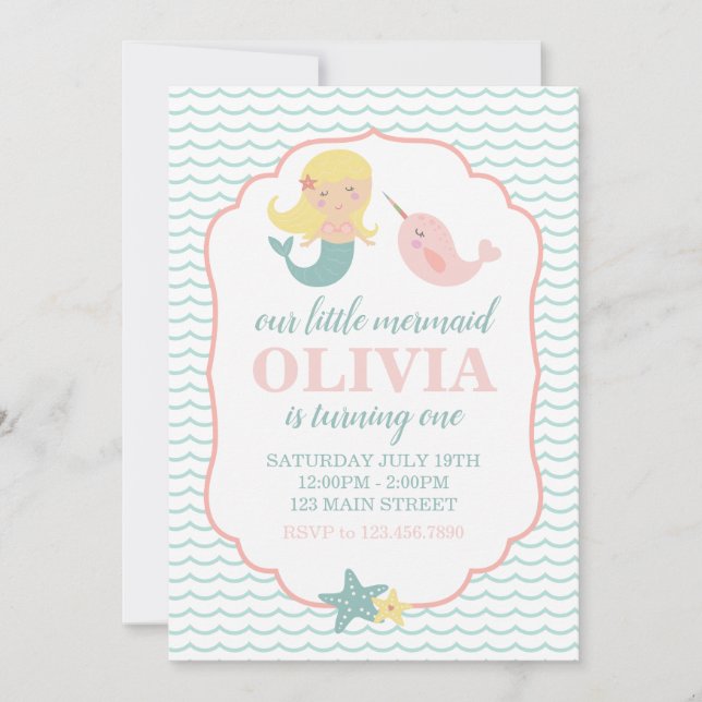 Invitación Mermaid Pastel Pink primera fiesta de cumpleaños (Anverso)