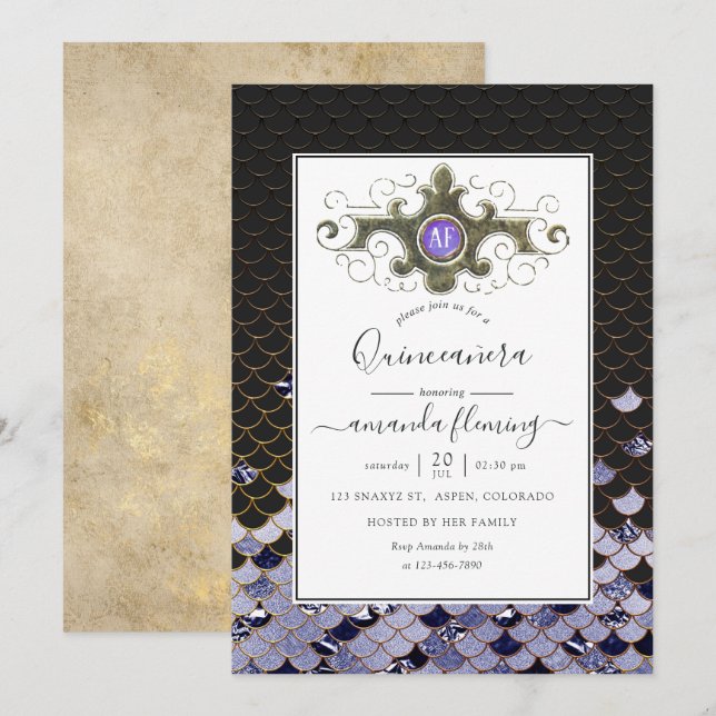 Invitación Mermaid Quinceañera con Piedra Preciosa Monogramad (Anverso / Reverso)