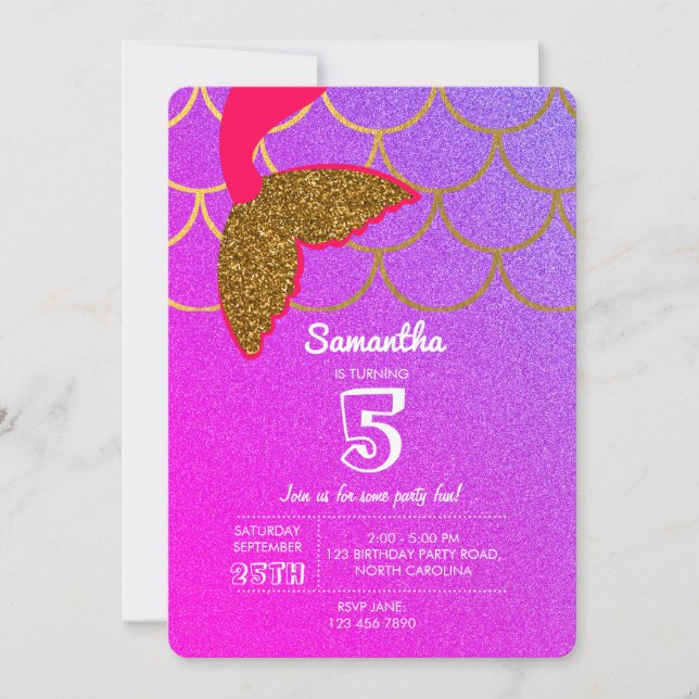Invitación Mermaid Scales Pink Purple Purpurina Cumpleaños (Anverso)
